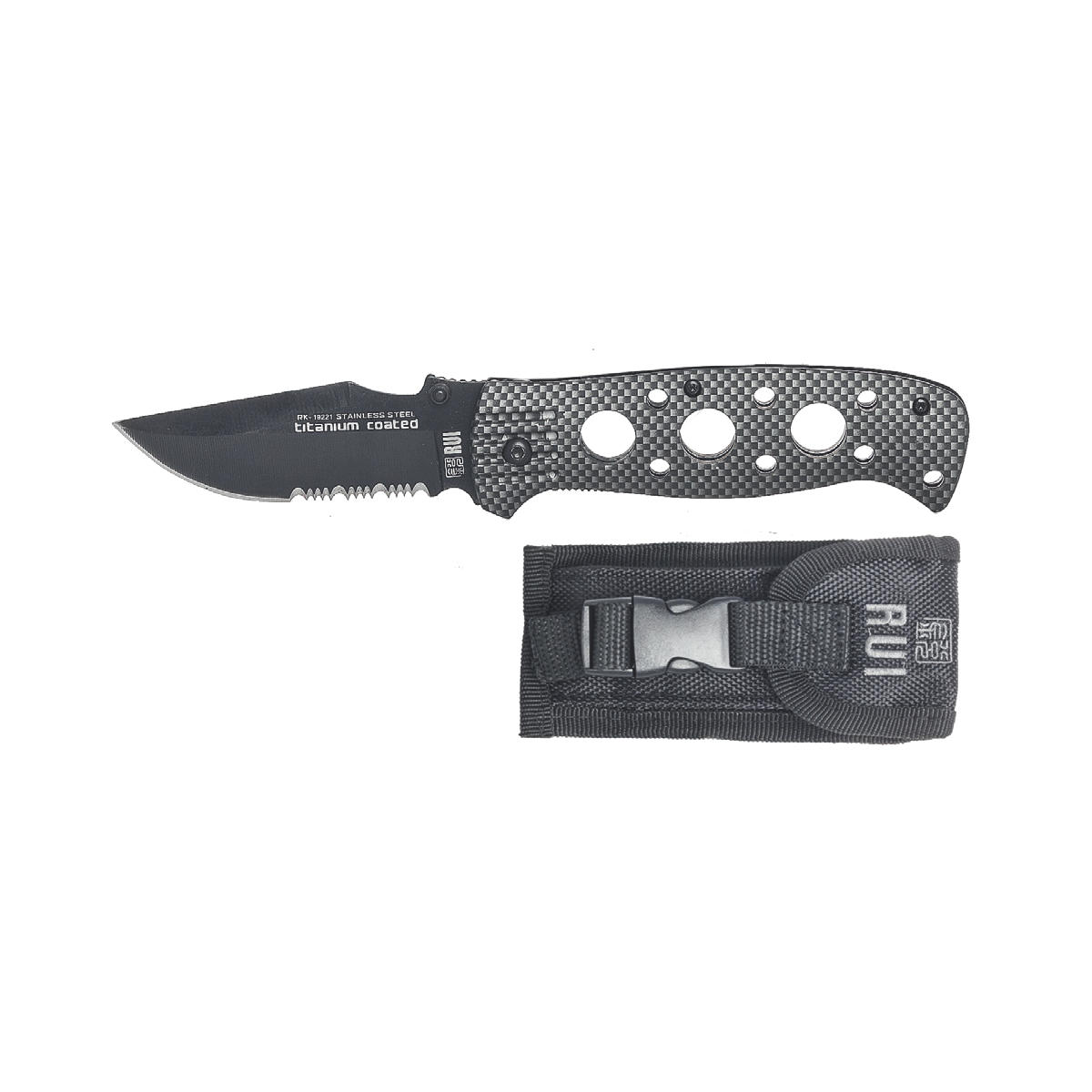 Coltello pieghevole da tasca Rui K25 nero/grigio con lama in acciaio inox rivestita in titanio e sega Coltello pieghevole da tasca Rui K25 nero/grigio con lama in acciaio inox rivestita in titanio e sega
