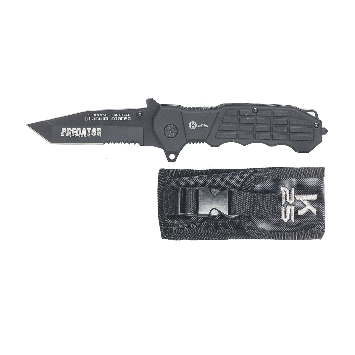 Coltello pieghevole da tasca Rui K25 Predator nero con lama a filo combinato in acciaio inox rivestita in titanio con rompivetro Coltello pieghevole da tasca Rui K25 Predator nero con lama a filo combinato in acciaio inox rivestita in titanio con rompivetro