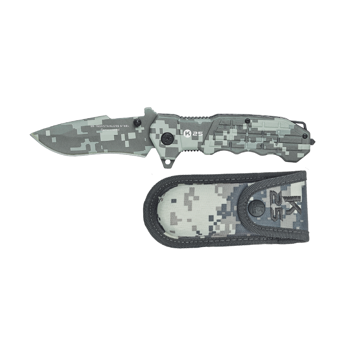 Coltello pieghevole da tasca Rui K25 digital camo con lama in acciaio inox rivestita in titanio con rompivetro Coltello pieghevole da tasca Rui K25 digital camo con lama in acciaio inox rivestita in titanio con rompivetro