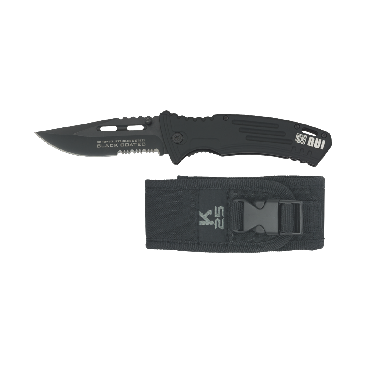 Coltello pieghevole da tasca Rui K25 nero con lama a filo combinato in acciaio inox Coltello pieghevole da tasca Rui K25 nero con lama a filo combinato in acciaio inox