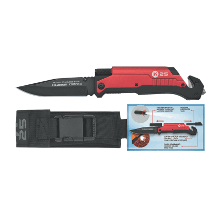 Coltello pieghevole da tasca Rui K25 nero/rosso con lama in acciaio inox rivestita in titanio con acciarino, torcia, tagliacorda e rompivetro